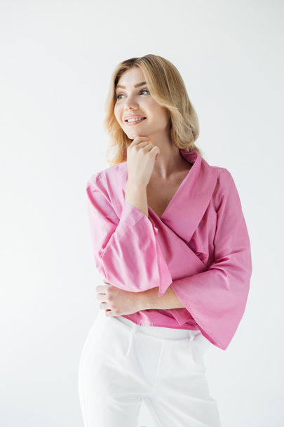 portrait of attractive smiling woman in pink blouse posing isolated on white - Fotografie, Obrázek