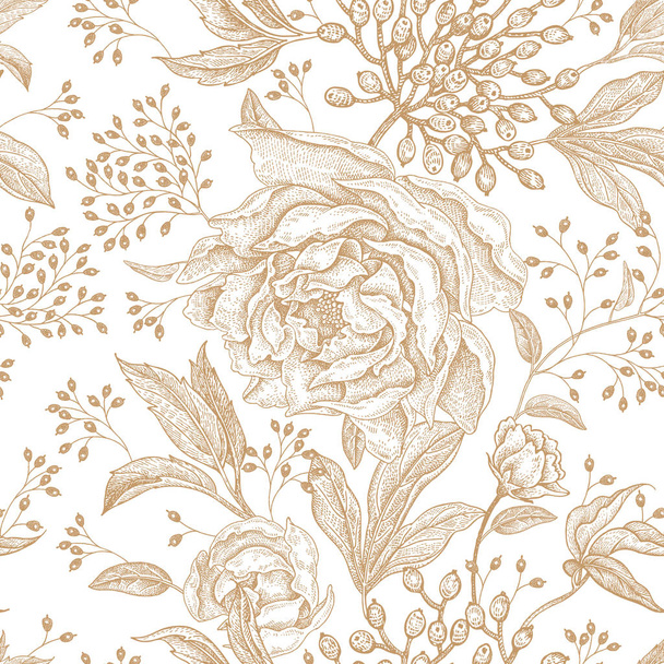 Peonies and roses. Floral vintage seamless pattern. Gold flowers, leaves, branches and berries on white background. Oriental style. Vector illustration art. For design textiles, paper, wallpaper. - Vector, afbeelding