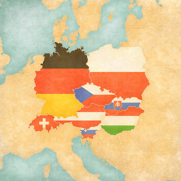Карта Центральної Європи з Круглі прапори всіх країн у м'яка гранжа і vintage стиль, як стара папір з аквареллю картини.  - Фото, зображення