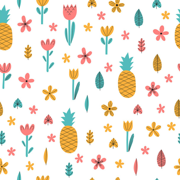 Hand drawn summer seamless pattern with flowers and pineapple. Cute tropical childish background. Stylish decorative elements. Vector illustration - Vektor, kép