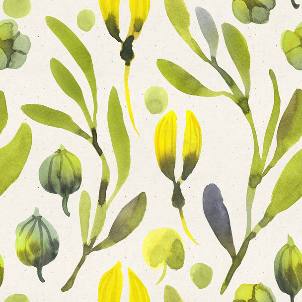 Seamless watercolor floral pattern on paper texture. Botanical background  - Photo, Image