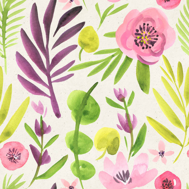 Seamless watercolor floral pattern on paper texture. Botanical background  - Photo, Image