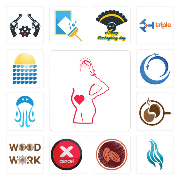 Állítsa be a 13 egyszerű szerkeszthető ikonok, mint például az anyaság, láng, kakaó, Mégse, faáru, kávé, medúza, export import, napelem használható mobil, webes felületen - Vektor, kép