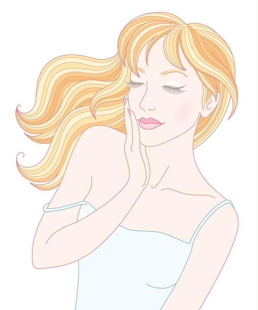 Retrato de una joven hermosa mujer con el pelo rubio revoloteando. Ilustración de dibujos animados aislada sobre fondo blanco
 - Vector, Imagen