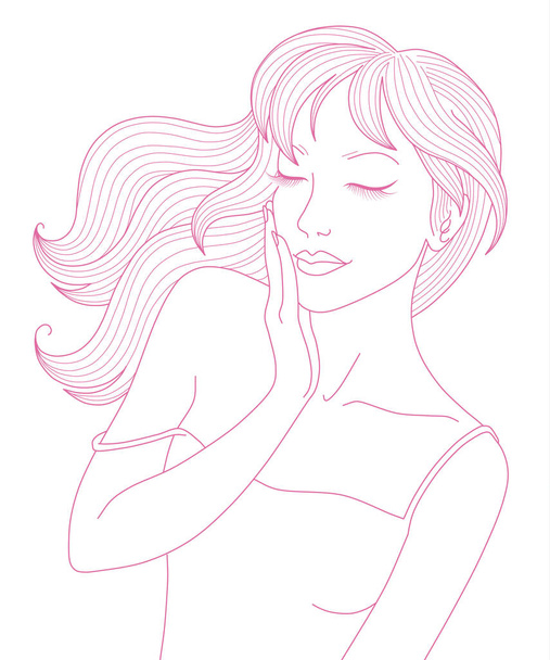 Πορτραίτο του νεαρή όμορφη γυναίκα με μαλλιά που κυματίζει. Καρτούν εικονογράφηση που απομονώνονται σε λευκό backgroun - Διάνυσμα, εικόνα