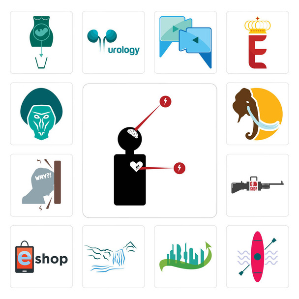 Zestaw 13 proste można edytować ikony takie jak objawy, kajak, przyszłego miasta, wodospad, sklep internetowy, sklep z bronią, frustracji, mamuta, Pawian mogą być używane dla internetu mobilnego, Ui - Wektor, obraz