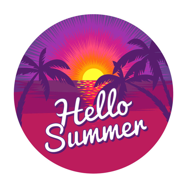 Etikett mit "Hallo Sommer" Schriftzug. schöner Sonnenuntergang am tropischen Strand - Vektor, Bild