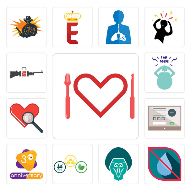 Set Of 13 simple editable icons such as appetite, no water, baboon, commodities, 3rd anniversary, online form, cholesterol, obesity, gun shop can be used for mobile, web UI - Vector, Image