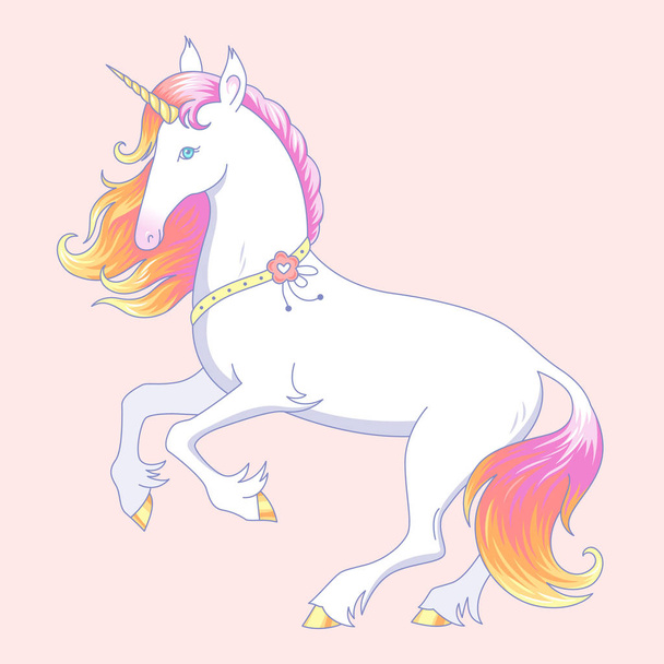 Elegante unicornio blanco está parado en las patas traseras. El unicornio tiene melena rosa y ojos azules. Personaje de dibujos animados sobre fondo rosa
 - Vector, Imagen