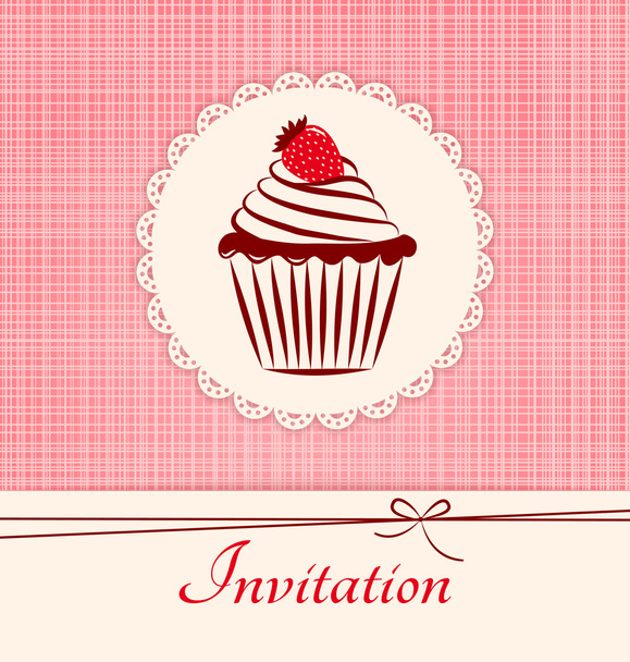 Label with cupcake on pink seamless textile background. - Vector, Image