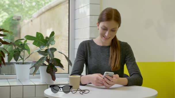 Young beautiful woman with ponytail sitting in cafe, using phone and looking in camera, smiling, happy - Filmagem, Vídeo