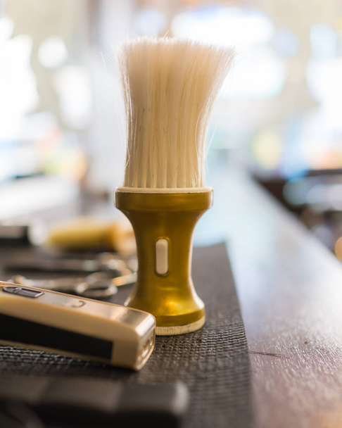 The brush is hanging in the barber shop, Shaving accessories in a barber shop, - 写真・画像