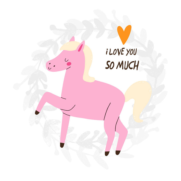 Cute illustration of a Pony. Adorable greeting card design with floral wreath and a little horse. Perfect for children's poster, card, stationery design. - Vektori, kuva