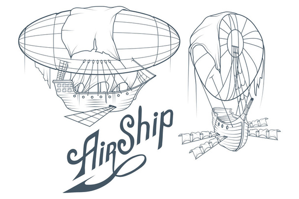 Airship icon with a long shadow. Balloon. Ship hovering in the air. Vector graphics to design. - ベクター画像