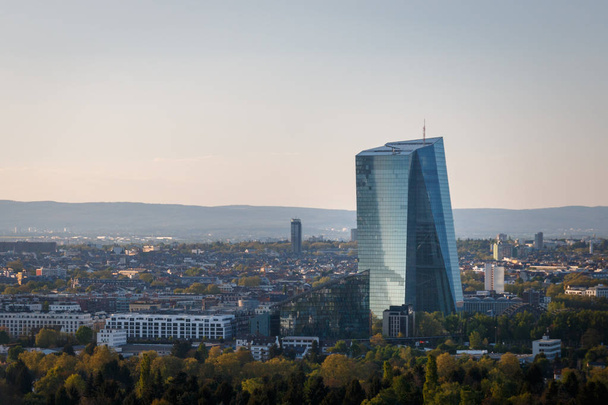 Frankfurt, Germany  April 29, 2017. New headquarter for the European Central Bank in Frankfurt Main, Germany seen from top of Goethetower which burned down completely after a fire in 2017 - Photo, image