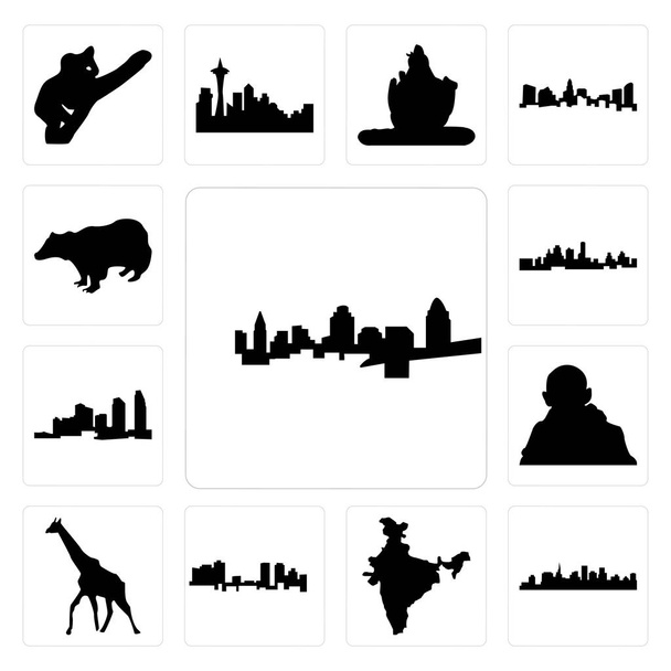 Satz von 13 einfach editierbaren Symbolen wie cincinnati skyline, st paul skyline auf weißem Hintergrund,, Indien-Karte, fort worth giraffe, gandhi, long island kann für mobile, web ui verwendet werden - Vektor, Bild