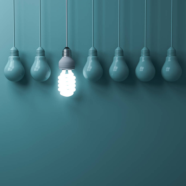 One hanging eco energy saving light bulb glowing and standing out from unlit incandescent bulbs on green pastel color wall background , leadership and different creative idea concepts . 3D rendering. - Photo, Image