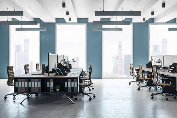 New coworking office interior with panoramic city view. Style, design and workplace concept. 3D Rendering  - 写真・画像