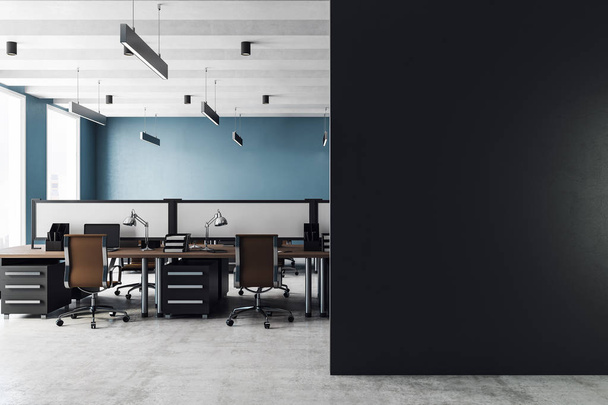 Clean coworking office interior with equipment, furniture, daylight and copy space on concrete wall. Mock up, 3D Rendering  - Photo, Image