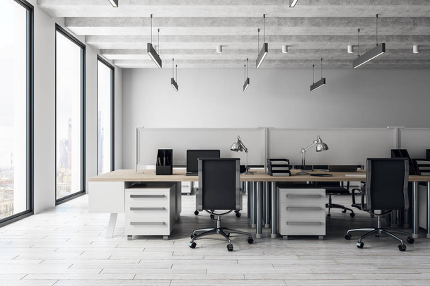Concrete coworking office interior with panoramic city view. Style, design and workplace concept. 3D Rendering  - Φωτογραφία, εικόνα