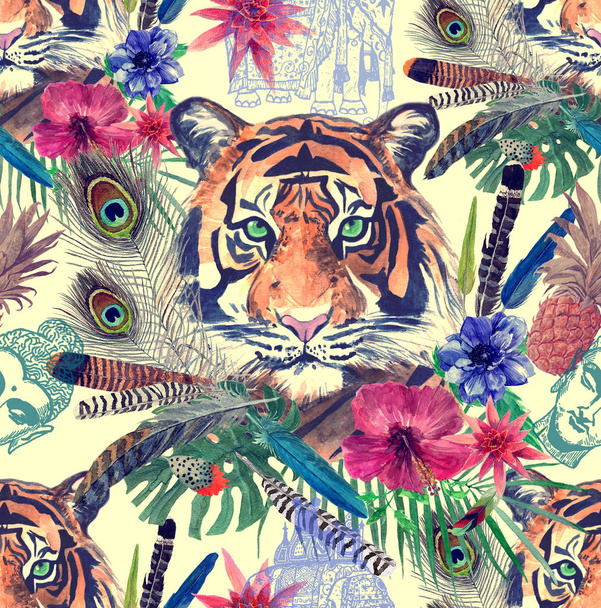 Seamless watercolor patten with tiger heads, leaves, flower, feathers. - Photo, Image