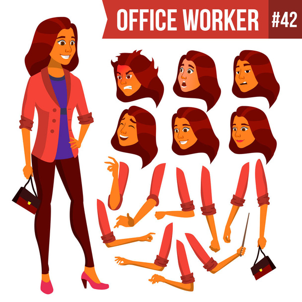 Office Worker Vector. Woman. Professional Officer, Clerk. Businessman Female. Arab, Saudi Lady Face Emotions, Various Gestures. Animation Creation Set. Isolated Flat Character Illustration - Vector, Image
