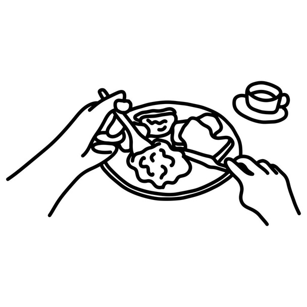 Κοντινό πλάνο pov χέρι ανθρώπου βάζουμε τα τρόφιμα να το στόμα διανυσματικά εικονογράφηση σκίτσο doodle χέρι με μαύρες γραμμές που απομονώνονται σε λευκό φόντο - Διάνυσμα, εικόνα