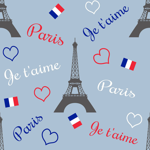 Безшовні Париж текст дизайн ілюстрації з Ейфелевої вежі, триколор серце форм і французьким прапором прикраси на синьому фоні Валентина - Фото, зображення