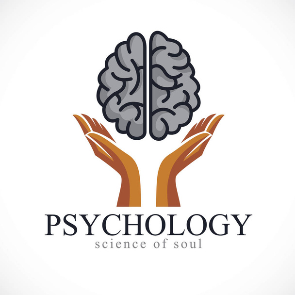 Анатомічний мозок людини з ніжними руками, концептуальний логотип психології психічного здоров'я або ікона, захист індивідуальності та освіти. Вектор простий класичний дизайн
. - Вектор, зображення