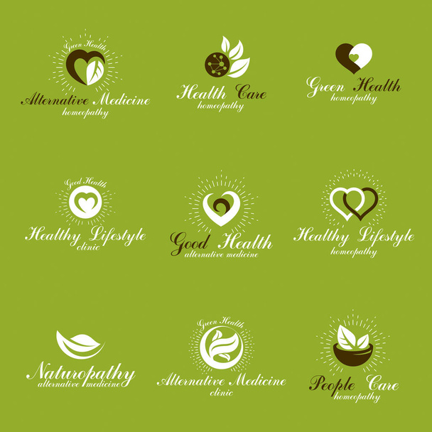 Homeopatie kolekce creative symboly. Obnovení zdraví koncepční vektorové emblémy vytvořena pomocí zelených listů, srdíčka, náboženské kříže a péči rukou - Vektor, obrázek