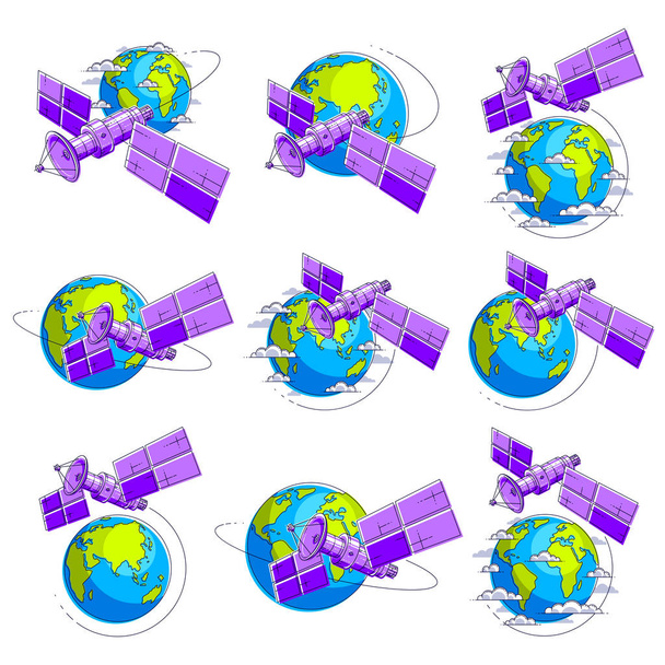 Satellite de communication volant en orbite vol spatial autour de la terre, station spatiale d'engins spatiaux avec panneaux solaires et plaque d'antenne satellite. Illustrations vectorielles tridimensionnelles minces isolées
. - Vecteur, image