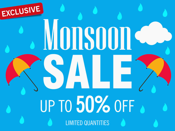 vector illustration design of Monsoon sale with umbrellas on blue background - Vector, Image