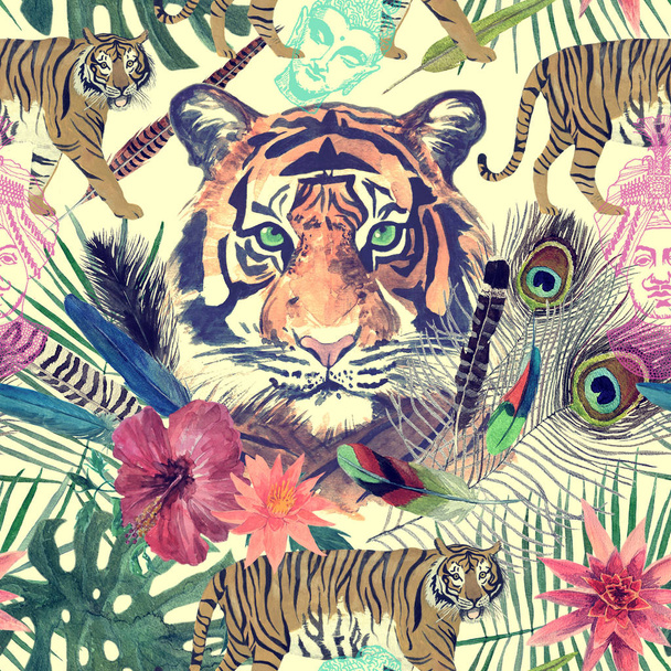 Saumaton vintage intialainen tyyli akvarelli kuvio valkoinen tiikerit, norsu, maharadja lehdet, kukat
. - Valokuva, kuva