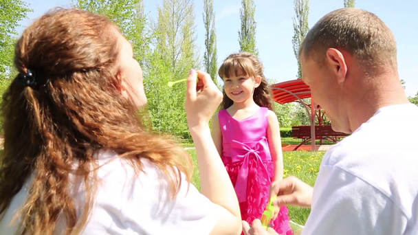 Meisje speelt met zeepbellen. Ouders laten de zeepbellen op hun dochter in de zomer in het park. - Video