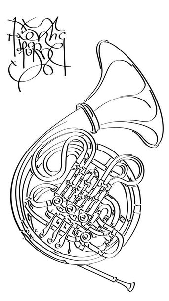 Vector abstract graphic arts sketch of drawing French horn (black ink). - Vector, Image