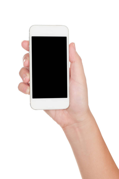 Hand holding smartphone isolated on white background - Foto, afbeelding