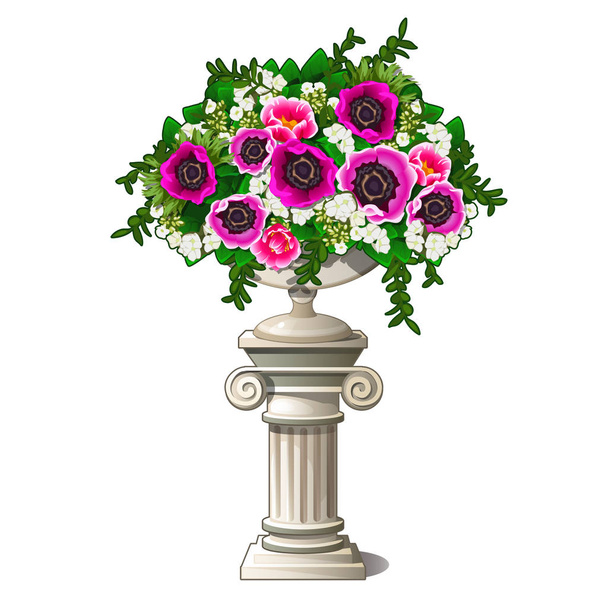 Vintage marmeren vaas met bloemen in de vorm van een oude kolom geïsoleerd op een witte achtergrond. Element van het ontwerp van het landschap van het park. Vintage architectuur. Vectorillustratie cartoon close-up. - Vector, afbeelding
