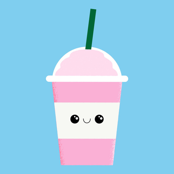 Textured vector illustration of an isolated cute pink strawberry milkshake character with a green straw and happy face. - Вектор, зображення