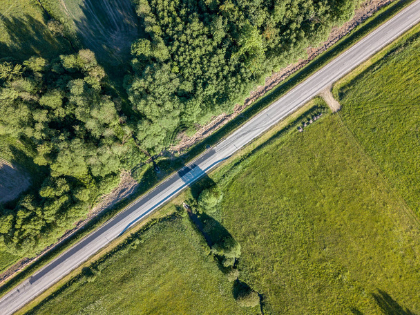Drohnenbild. Asphaltstraße umgeben von Kiefernwald und Feldern von oben in Lettland - Foto, Bild