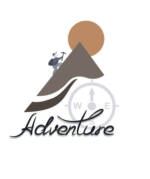 альпинист взбирается на гору, логотип приключений с компасом
 - Вектор,изображение