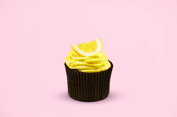 Cupcake. Cake Dessert On Colorful Pink Background. Close Up Of Tasty Lemon Pastry. High Resolution - 写真・画像