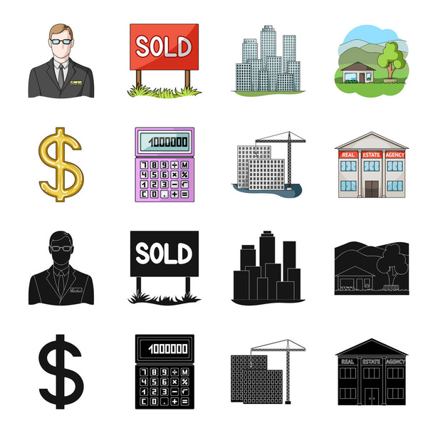 Calculator, dollar sign, new building, real estate offices. Realtor set collection icons in black,cartoon style vector symbol stock illustration web. - ベクター画像