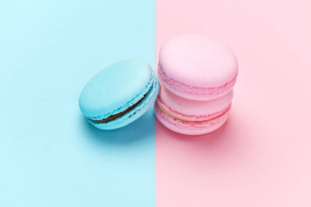 Sweets. Colorful Macaroons Pastel Blue Pink Background Close Up. High Resolution - Foto, imagen