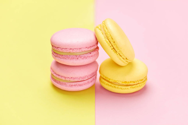 Macarons. Colorful Dessert On Pink Yellow Background. High Resolution - Fotoğraf, Görsel