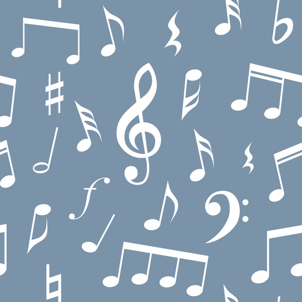 Music notes and symbols seamless pattern design. Fully editable fill and background color, Blue background and white notes musical seamless pattern. - ベクター画像