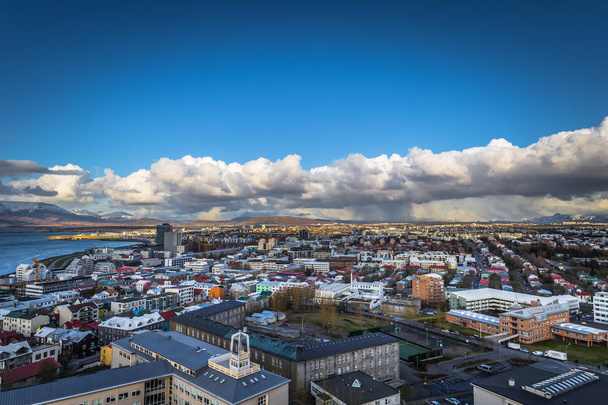 Reykjavik - May 01, 2018: Panoramic view of Reykjavik from the Hallgrimskirkja church, Iceland - Fotoğraf, Görsel