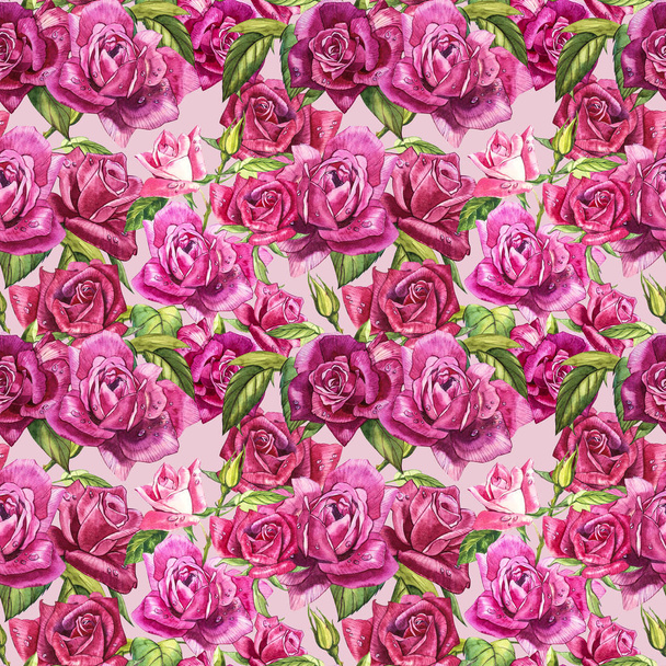 Natural pink roses background. Seamless pattern of red and pink roses, watercolor illustration. - Fotografie, Obrázek
