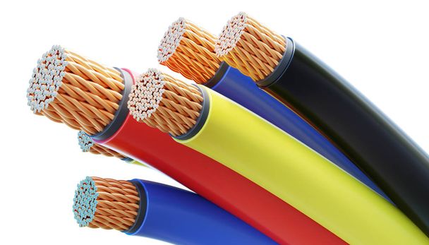 Cables de cobre coloridos y alambres aislados sobre fondo blanco. Ilustración 3D renderizada
. - Foto, imagen