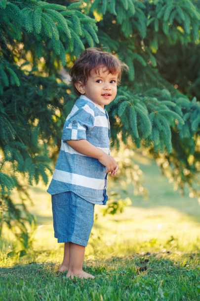 Cute adorable little Caucasian coloured boy child in blue shirt and shorts standing in field meadow outside. Happy smiling kid walking barefoot on grass in park on sunset.  - Fotó, kép