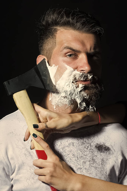 Brutal shaving man . Bearded man having shaved - Φωτογραφία, εικόνα
